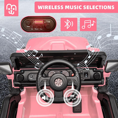 12V Kids Electric Ride on Truck Car Remote Control, Twin 35W Motors 3.5MPH Max Speed, Bluetooth USB Music Player, 4 Wheels Suspension LED Lights Safety Belt, Gift for Boy & Girl-Rosy