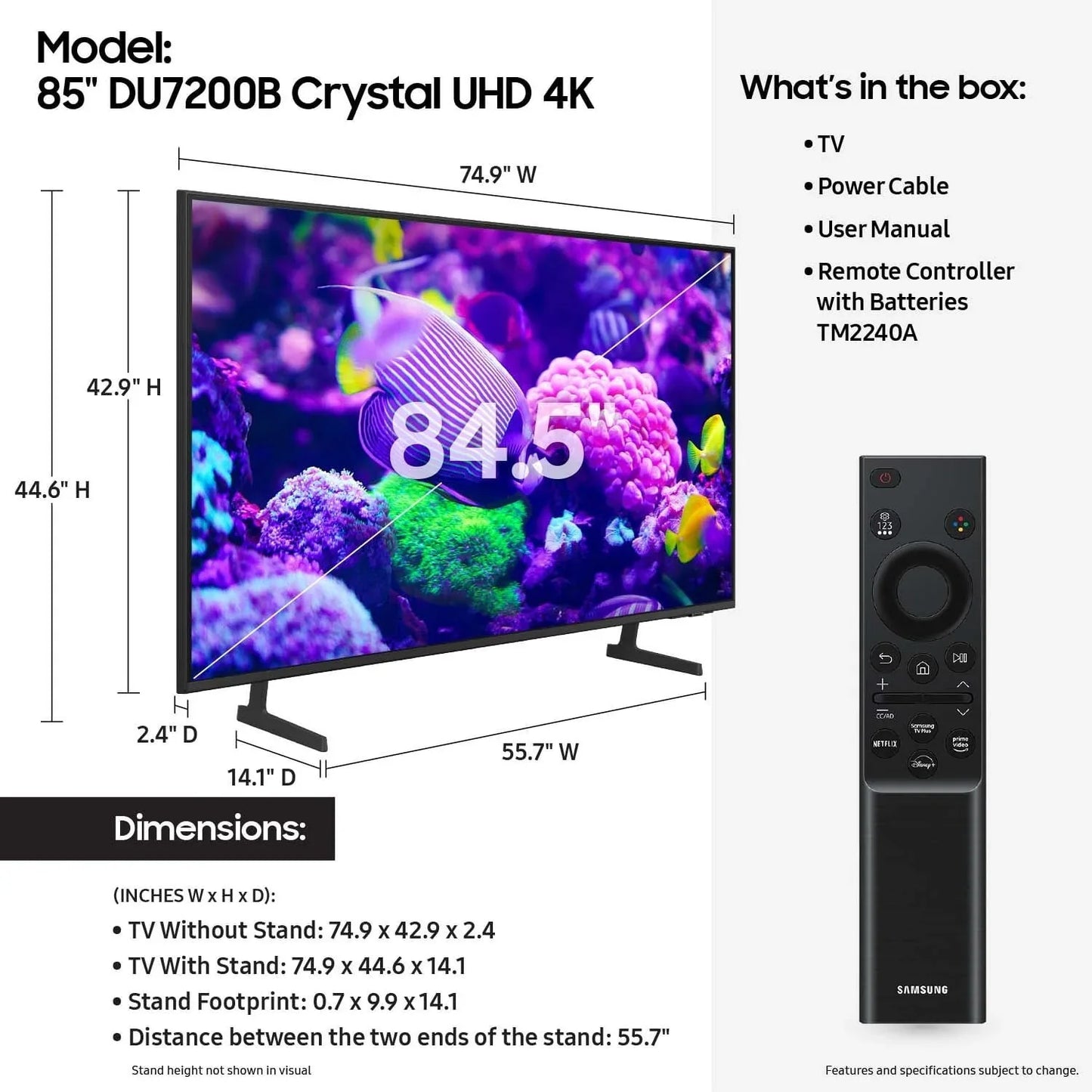 Samsung 85 Crystal UHD 4K Smart TV with PurColor & HDR C DU7200B 2024 Model