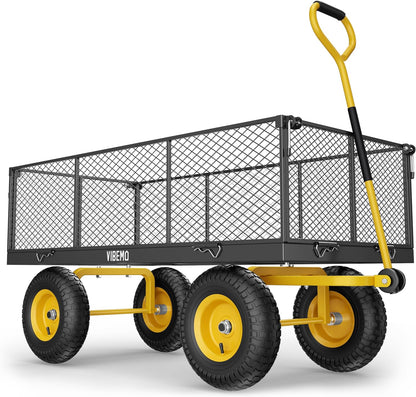 Steel Garden Cart, 2-in-1 1400 lbs Heavy Duty Utility Wagon, with Removable Mesh Sides to Convert into Flatbed, 240 U-Turn 13" Pneumatic Tires Garden Wagon for Farm Yard Lawn Garden Camping