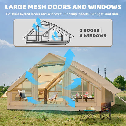 6 Person Inflatable Camping Tent with Pump, 10ft x7ft Glamping Family Tent Easy Setup 4 Season Waterproof Windproof Outdoor Blow Up Tent Luxury Oxford Cabin with Mesh Windows & Doors  sgtnighsdesigns