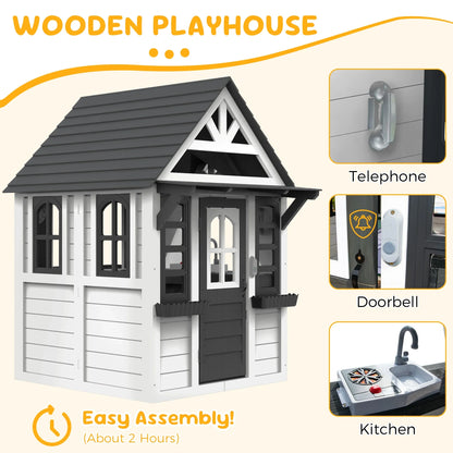 COCLUB Outdoor Playhouse for Kids Ages 4-8, Wooden Play House with Doorbell, Phone, Kitchen Toys, Outdoor Kids Play Equipment, Casa Para Ni?as (45L x 65H), White & Black