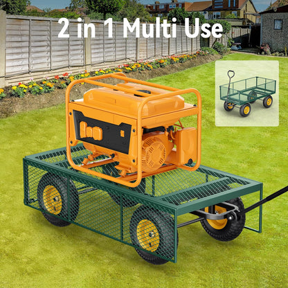 Steel Garden Cart, 2-in-1 1400 lbs Heavy Duty Utility Wagon, with Removable Mesh Sides to Convert into Flatbed, 240 U-Turn 13" Pneumatic Tires Garden Wagon for Farm Yard Lawn Garden Camping