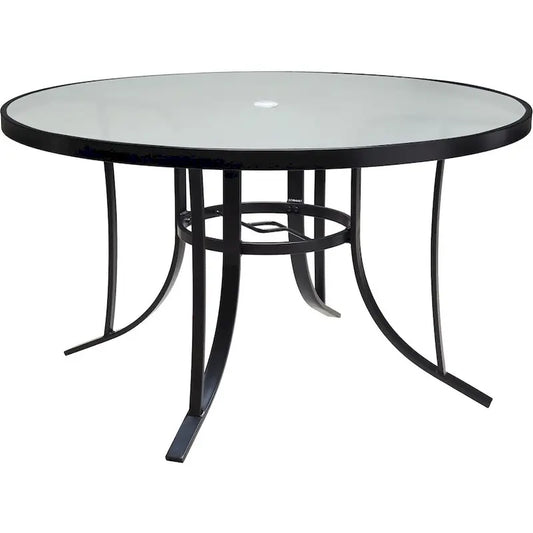 Hanover Lavallette 5-Piece Dining Set in Ocean Blue with 4 Stationary Chairs, 52-In. Round Glass-Top Table, Umbrella, and Base