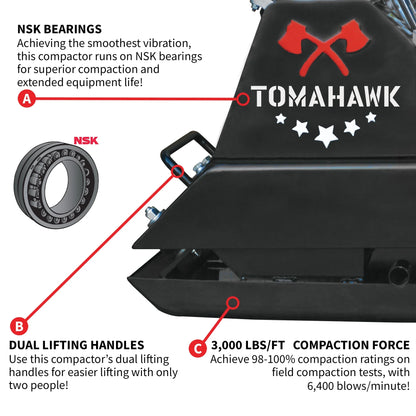 Tomahawk Power Plate Compactor 5.5 HP, 3000 lbs/ft, 63cc, Gas, 17 x 13 Plate Compactor, 5900 VPM