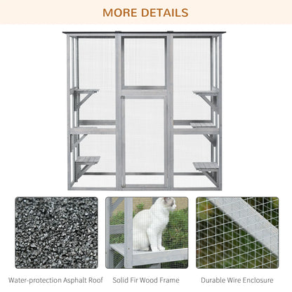 PawHut Wooden Catio Enclosure with Weather Protection, 6 Platforms, Outdoor, Large, 71" x 38.5" x 71"