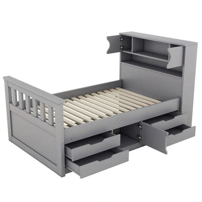 Twin/Full Size Captain Platform Bed with 4 Drawers and Storage Shelves, Solid Wood Bed Frame with Storage Bookcase Headboard