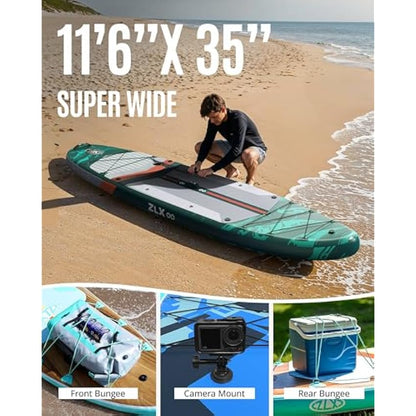 ZLX 11'6" Extra Wide Inflatable Stand Up Paddle Board SUP, Stable Non-Slip Deck Pad, Unique Fin System and Premium iSUP Accessories - Portable Backpack & Upgraded Pump for Adults, All Skill Levels