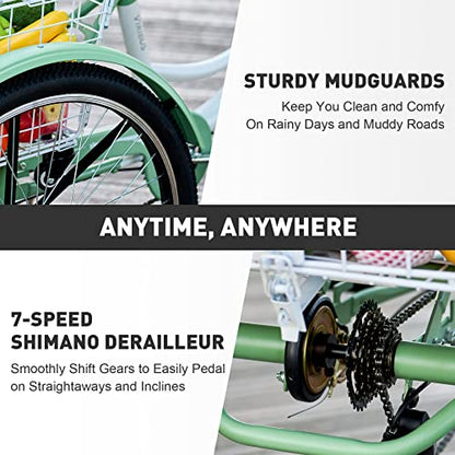 Viribus Adult Tricycle, 7 Speed Tricycle for Adults, 24" 3 Wheel Bikes for Adults with Baskets