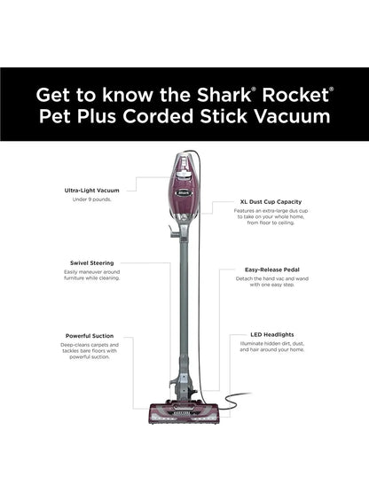 Shark HV322 Rocket Deluxe Pro Corded Stick Vacuum with LED Headlights, XL Dust Cup, Lightweight, Perfect for Pet Hair Pickup, Converts to a Hand Vacuum, with Pet Attachments, Bordeaux/Silver
