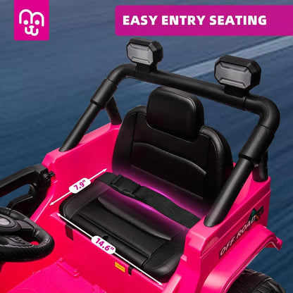 12V Kids Electric Ride on Truck Car Remote Control, Twin 35W Motors 3.5MPH Max Speed, Bluetooth USB Music Player, 4 Wheels Suspension LED Lights Safety Belt, Gift for Boy & Girl-Rosy