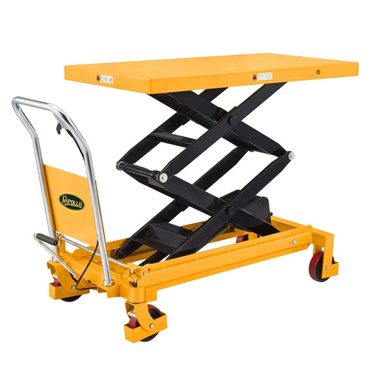 Hydraulic lifting table trolley C load capacity 350 kg, maximum height 130 cm, double scissor lift table with safety device and 4 wheels