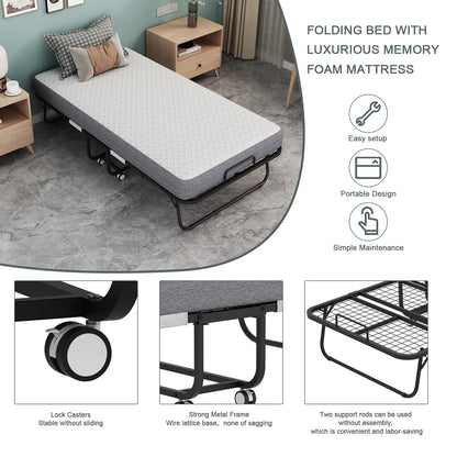 Folding Bed with Mattress 75" x 31" Cot Size Folded Bed, Rollaway Guest Bed Portable Foldable Extra Bed for Adults Daybed with 5" Memory Foam Mattress Space-Saving Sturdy Metal Grid Frame