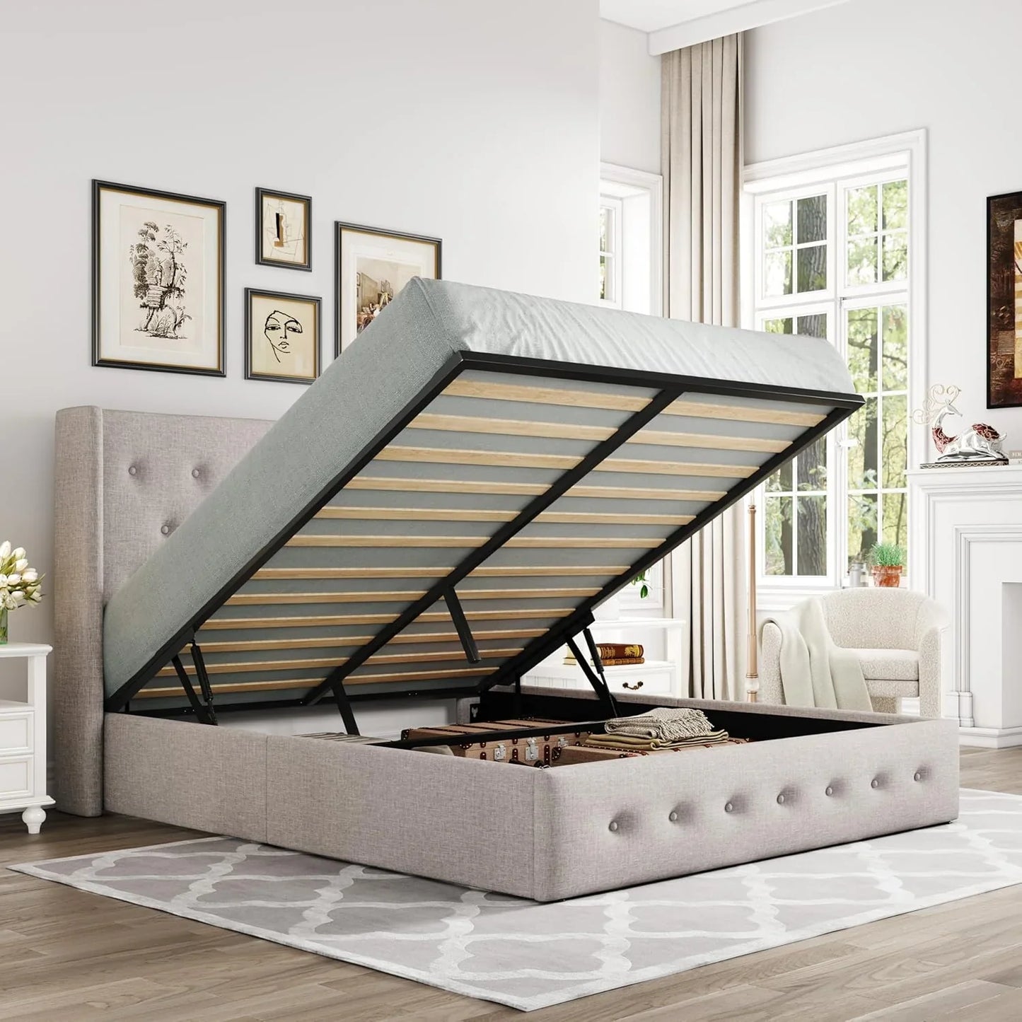 Allewie Queen Size Lift Up Storage Bed, Modern Wingback Headboard, Hydraulic Support, No Box Spring Needed, Light Beige