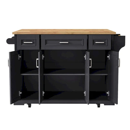 54  Large Kitchen Island with Rubber Wood Drop Leaf, Embossed Texture Rolling Kitchen Cart on 4 Wheels with 4 Doors & 3 Drawers