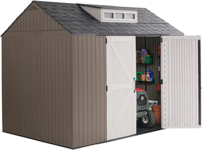 Rubbermaid resin garden shed with floor (2.13 x 2.13 m), weatherproof, grey, for storing garden tools, lawnmowers, bicycles and pool accessories
