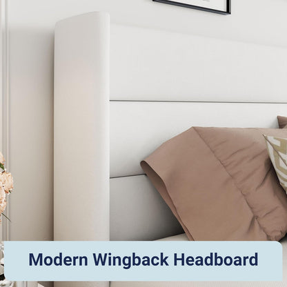 Allewie Queen Size Lift Up Storage Bed, Modern Wingback Headboard, Hydraulic Support, No Box Spring Needed, Light Beige
