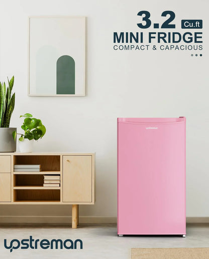 Upstreman 3.2 Cu.Ft Mini Fridge with Freezer, Single Door Mini Fridge, Dorm Fridge, Adjustable Thermostat, Mini Refrigerator for Bedroom, Office, Dorm, Black-BR321