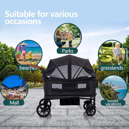 Wagon Stroller for 2 Kids & Cargo-Travel Stroller Push-Pull Double Wagon Lightweight Folding Stroller for Newborn&Toddler with 5-Point Harness,Adjustable Handle Bar and Canopy,Tray Table,Cup Holder