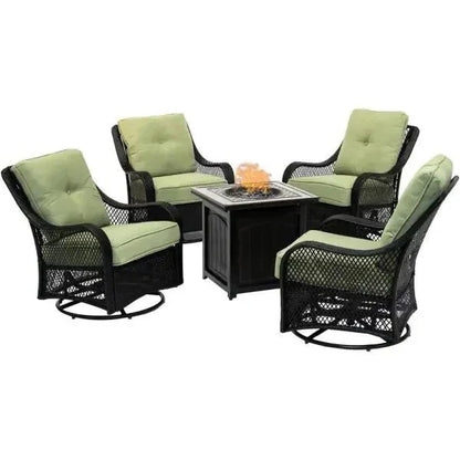 2025 5-piece steel patio fire pit seating set with navy blue cushions, swivel gliders and square fire pit table