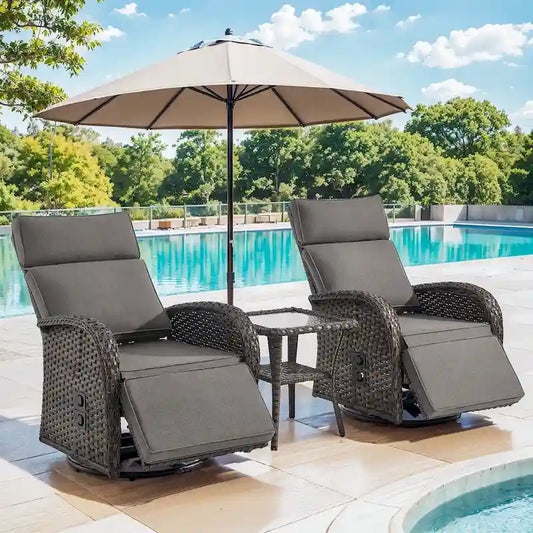 Pocassy 3PCS Versatile Outdoor Recliner Chair with Side Table Grey Cushion