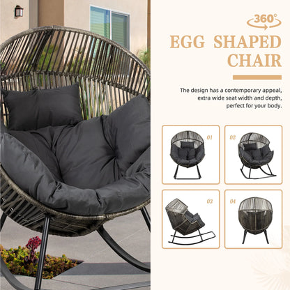 Walsunny Egg Chairs Outdoor Patio Wicker Oversized Egg Shell Lounger Lawn Chair with Cushion for Indoor Outside Porch Balcony Backyard, Original Wood Color Rattan Beige Cushion
