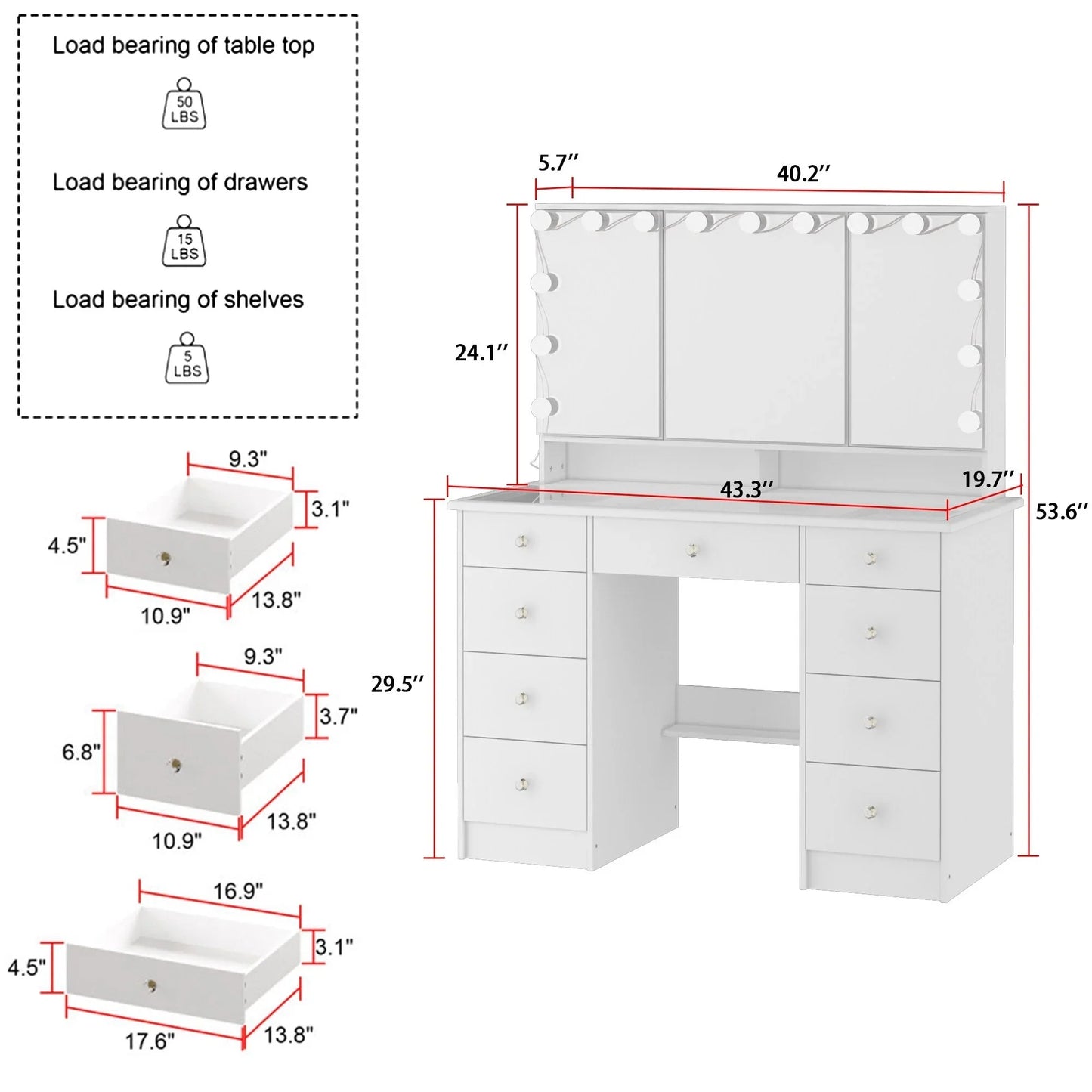 Makeup Vanity w/Tri-Fold Mirror Certified Lighting Glass Top Dresser