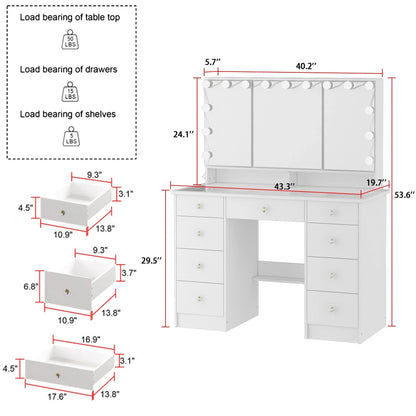 Makeup Vanity w/Tri-Fold Mirror Certified Lighting Glass Top Dresser