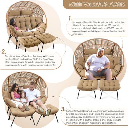RADIATA Double Egg Chair for 2 Person, Oversized Wicker Loveseat with Thick Cushions, 680 lbs Capacity, Indoor Outdoor Stationary Patio Lounge Chair for Balcony, Garden, Beige