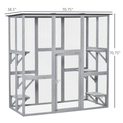 PawHut Wooden Catio Enclosure with Weather Protection, 6 Platforms, Outdoor, Large, 71" x 38.5" x 71"