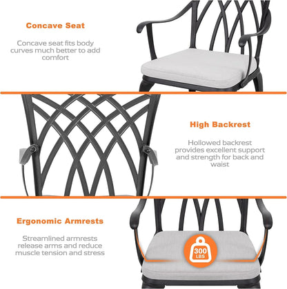 NUU GARDEN Bistro Set 3 Piece Outdoor Cast Aluminum Patio Bistro Set Patio Table and Chairs Set of 2 with Umbrella Hole and Gray Cushions, Black