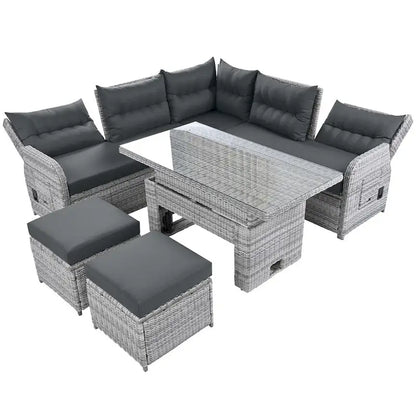 Outdoor Rattan Furniture Set with Adjustable Table, Recliners and 2 Ottomans