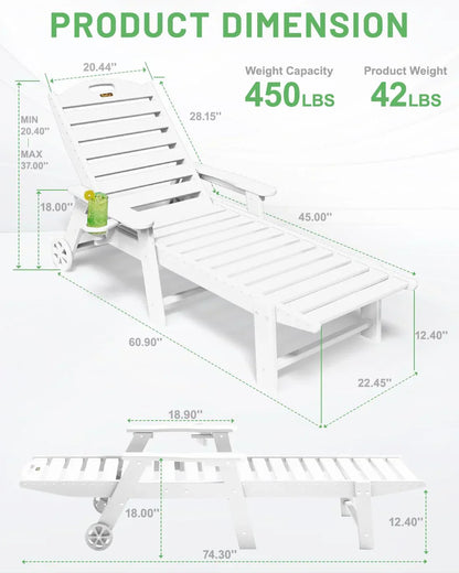 Lounge Chair Outdoor, Chaise Lounge, HDPE 6-Position Outdoor Chaise Lounge, Patio Lounge Chair with Wheels & Cup Holder for Pool Poolside Deck Backyard, Teak