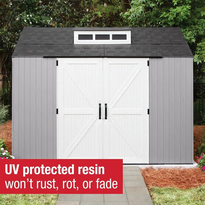 Rubbermaid resin garden shed with floor (2.13 x 2.13 m), weatherproof, grey, for storing garden tools, lawnmowers, bicycles and pool accessories