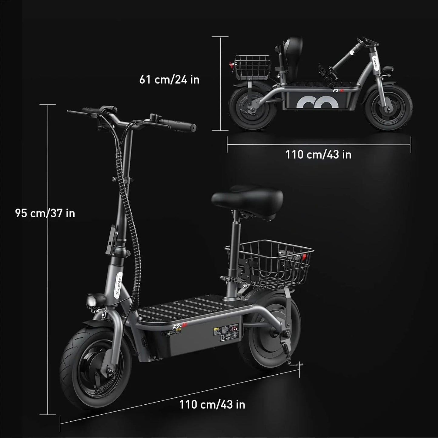 iScooter electric scooter with seat, 37/21 mile range, 28/19/15.6 mph top speed, dual suspension scooter with basket