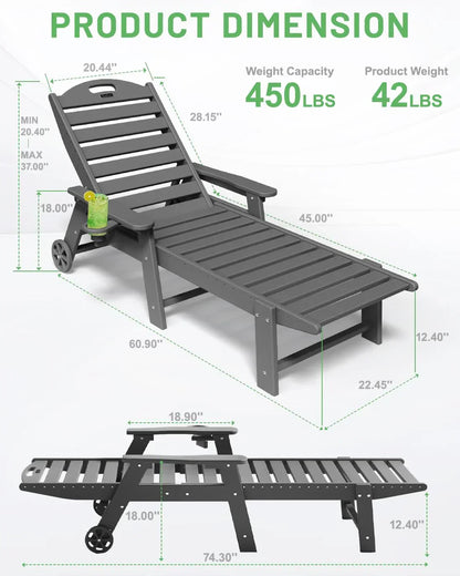 Lounge Chair Outdoor, Chaise Lounge, HDPE 6-Position Outdoor Chaise Lounge, Patio Lounge Chair with Wheels & Cup Holder for Pool Poolside Deck Backyard, Teak