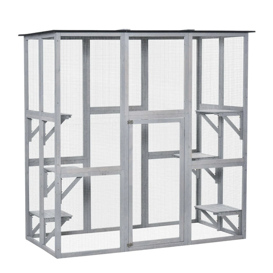 PawHut Wooden Catio Enclosure with Weather Protection, 6 Platforms, Outdoor, Large, 71" x 38.5" x 71"