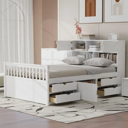 Twin/Full Size Captain Platform Bed with 4 Drawers and Storage Shelves, Solid Wood Bed Frame with Storage Bookcase Headboard