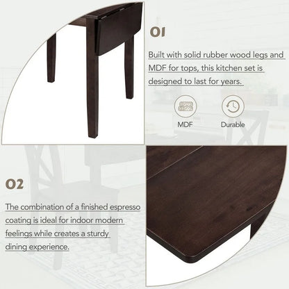 3-Piece Wood Drop Leaf Breakfast Nook Dining Table Set with 2 X-back Chairs for Small Places