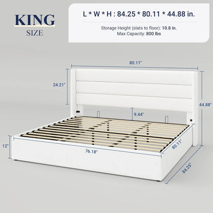Allewie Queen Size Lift Up Storage Bed, Modern Wingback Headboard, Hydraulic Support, No Box Spring Needed, Light Beige