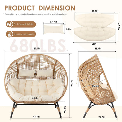 RADIATA Double Egg Chair for 2 Person, Oversized Wicker Loveseat with Thick Cushions, 680 lbs Capacity, Indoor Outdoor Stationary Patio Lounge Chair for Balcony, Garden, Beige